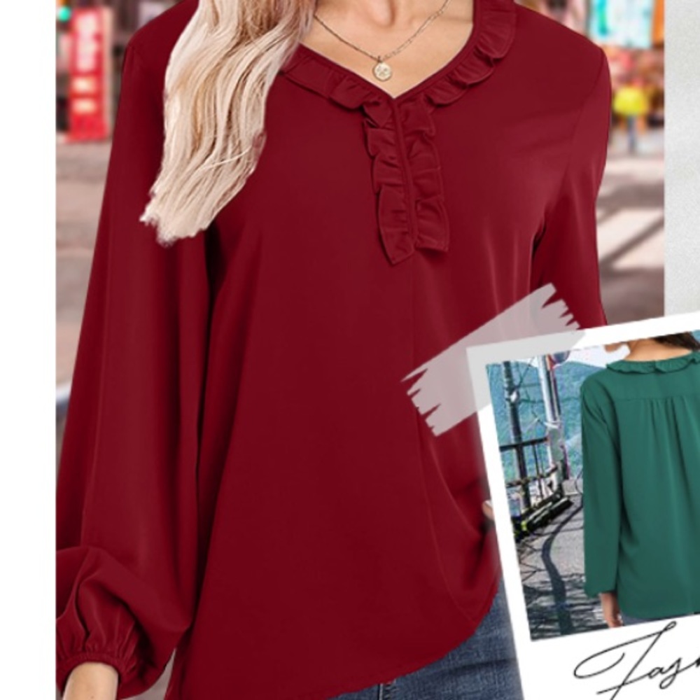 Red Ruffled V-Neck Bell Sleeve Top Chiffon Shirt
